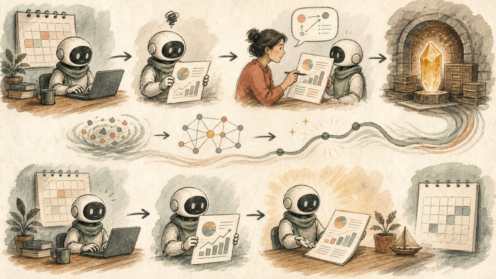 A watercolor sequence showing an AI agent making a mistake, receiving human feedback, distilling the lesson into durable memory, and completing the task correctly next time