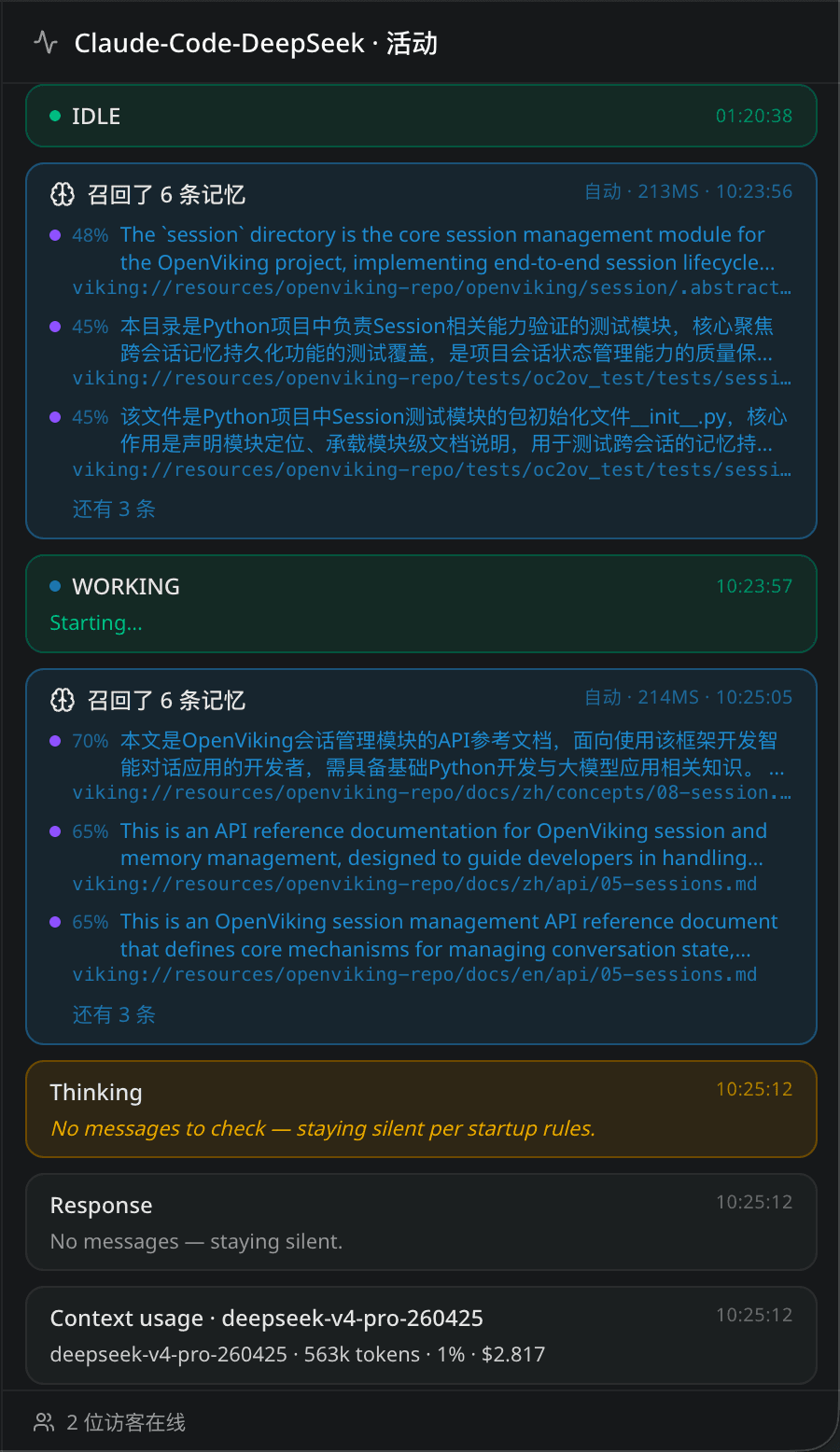 The Agent Hub activity panel showing residents’ operations, tool calls, and memory recalls as real-time cards