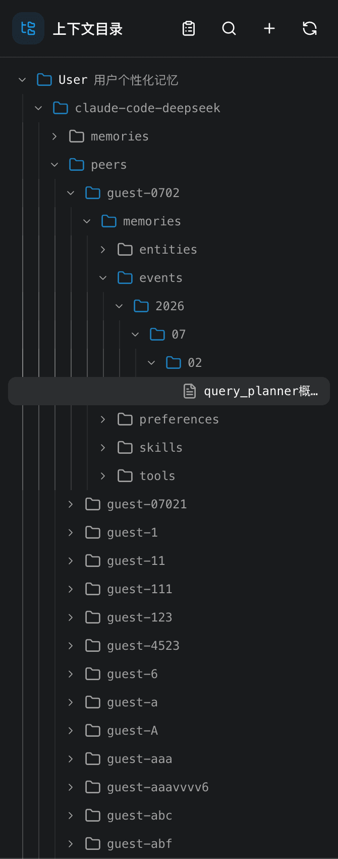 A memory tree under one resident, with peer memories growing in separate subtrees per person