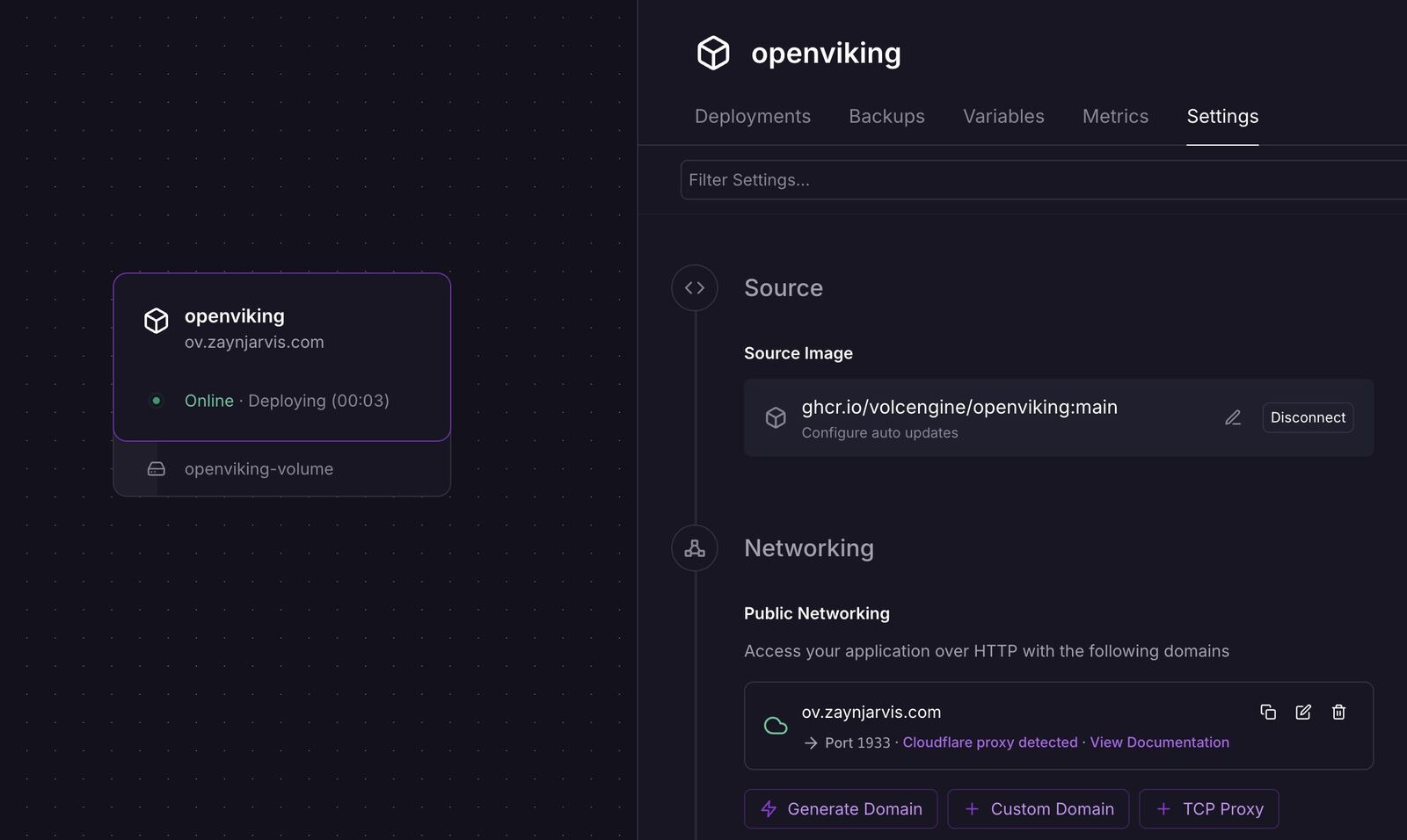 Railway deployment screen showing OpenViking running from the official container image with a connected volume.