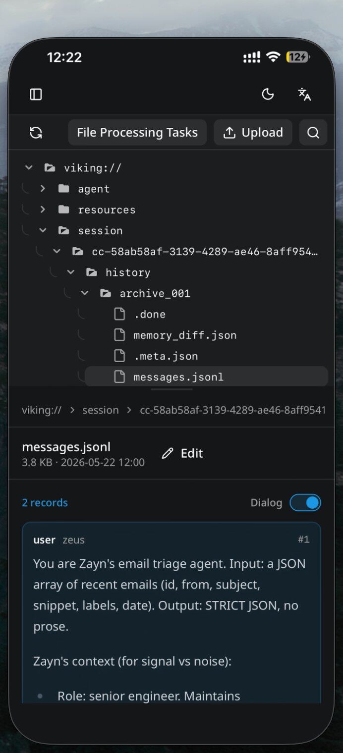 OpenViking Studio PWA on a phone showing a session history tree and a messages.jsonl reader.